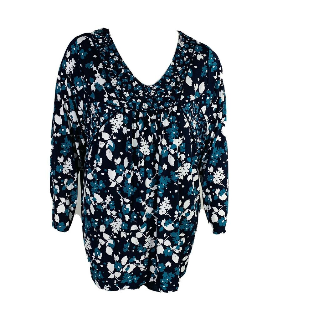 Woman Within Womans 1X 22/24 Blouse Floral Fit Long Sleeve Stretch Blue